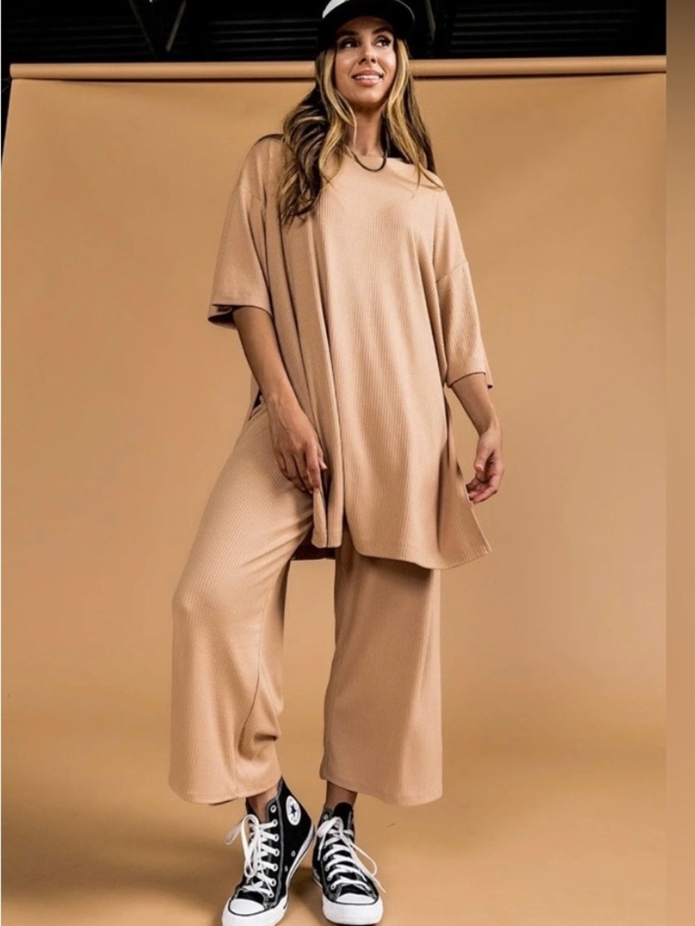 Dressed in LALA Lex Ribbed Playsuit in Iced Chai size XL